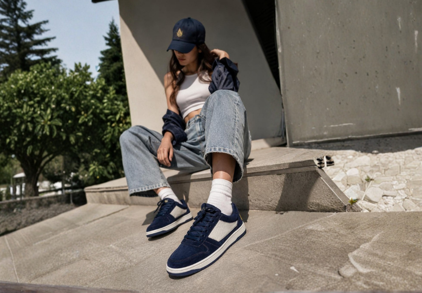 Person in jeans and a cap leaning against a wall outdoors, wearing navy blue and white NAAW sneakers