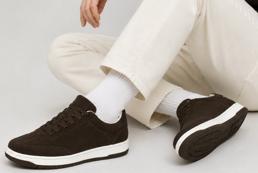 Dark brown suede NAAW sneakers worn with cream trousers