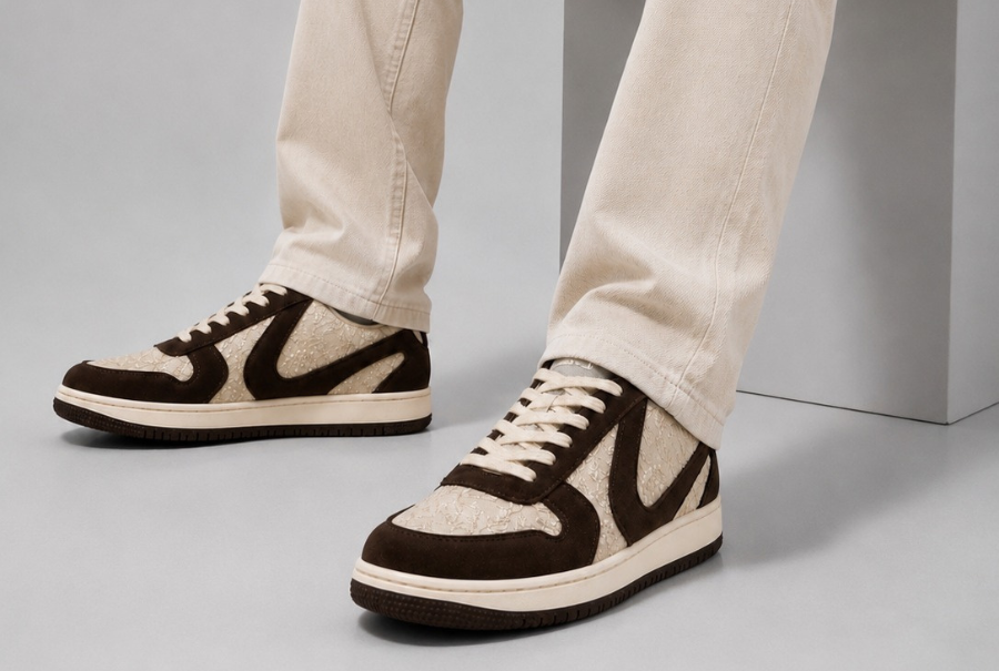 Brown and cream NAAW sneakers worn with cream trousers